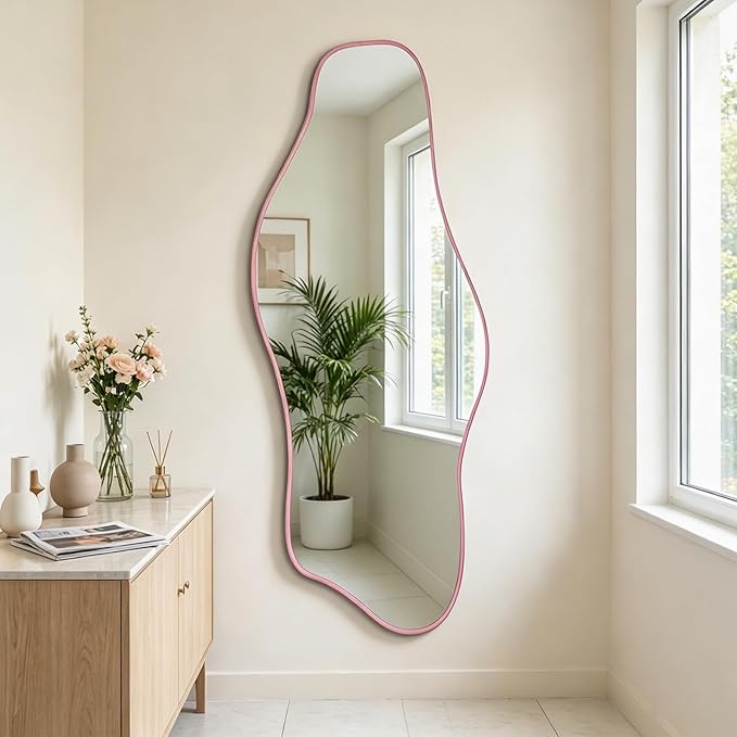 Large Irregular Mirror, 60"x24" Pink Asymmetrical Tempered Glass Mirror, Modern Organic Shape Frameless Mirrors for Living Room Bedroom Hallway Entryway, Horizontal or Vertical Hanging