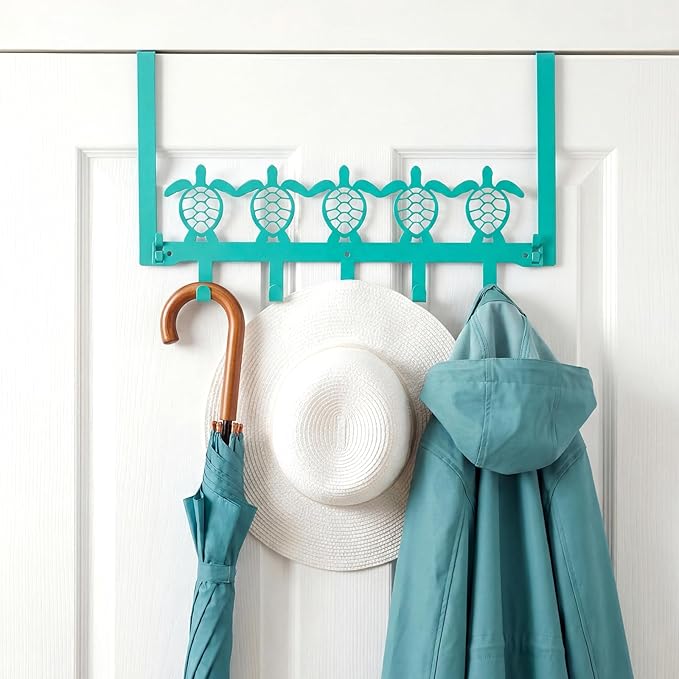 AceOrbit Sea Turtle Over The Door Hooks Teal Metal Beach Theme Coat Hooks Key Holder Nautical Coastal Wall Art for Hanging Towel Hat Clothes Keychain Bags Living Room Bathroom Home Decor