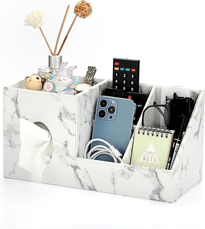 Sumnacon Tissue Box Cover Square PU Tissue Box Organizer, Leather Tissue Holders with Storage, Stylish Tissues Dispenser for Bahtroom Living Room Kitchen Dining Table Desk Office, Marble White