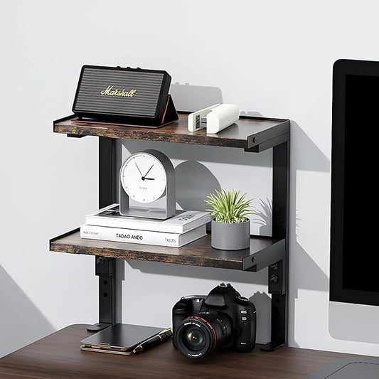2-Tier Desk Shelf, Expandable Under Desk Storage, Clamp on Desk Shelf, Desktop Accessories for Offices, Study Rooms, and Game Rooms (Wood)