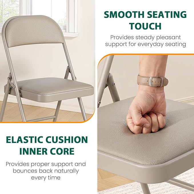 8 Pack Padded Folding Chairs, Portable Metal Foldable Chairs with Cushion, PU Leather Sturdy Indoor Outdoor Seating for Home, Office, Party, Khaki