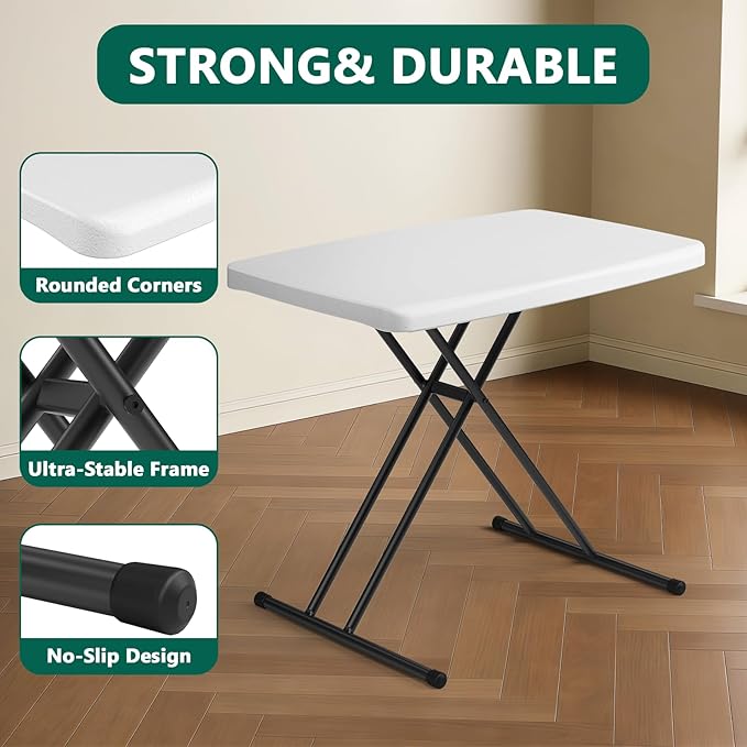 Folding Table 30 Inch - Small Desk Adjustable Height TV Tray for Laptop, Couch, Camping - Heavy Duty Utility Foldable Table for Small Spaces, No Assembly Required, White Granite