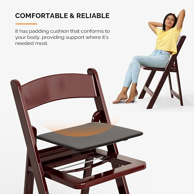 VINGLI Resin Folding Chairs with Cushion, Foldable Plastic Chair with Comfortable Padded Seats, Perfect for Event Party Indoor Outdoor, Reddish Brown, 2 PC