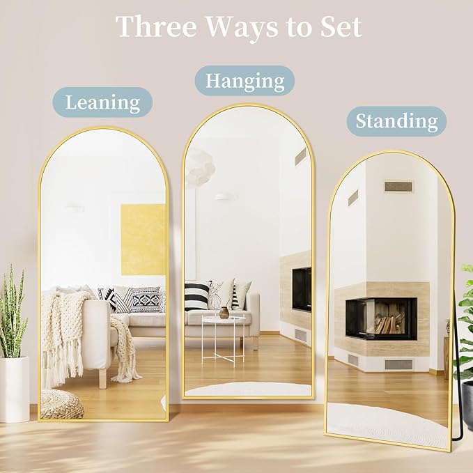Full Length Mirror with Stand, 71"x26" Arched Full Body Mirror, Large Stand Up Mirrors, Aluminum Frame Floor Standing Mirrors, Freestanding Hanging Leaning Mounted for Bedroom Living Room, Gold