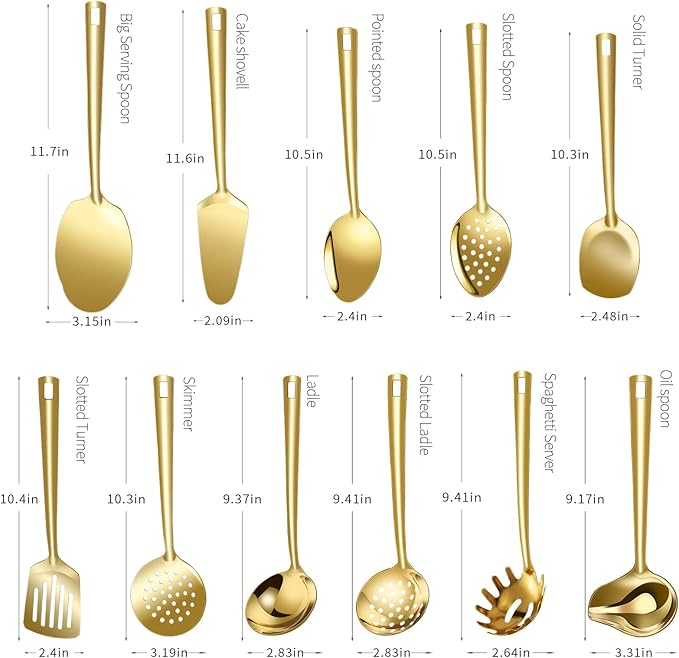 Lazycorner Cooking Utensil Set 11 Pcs Stainless Steel Kitchen Utensils Set Wok Utensils Kitchen Tool Set Spatula Set Heat Resistant Metal Kitchen Tools Ergonomic HandleEasy to Clean Dishwasher Safe