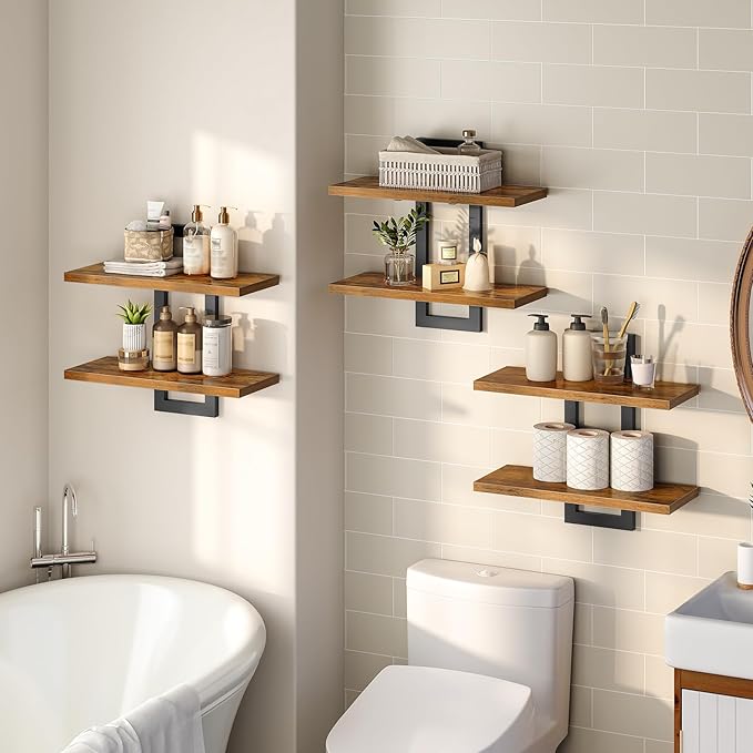 HOOBRO Floating Shelves, 15 Inch Wall Shelf Set of 3, Wall Mounted Storage Shelves 2-Tier, Hanging Bathroom Shelves, for Living Room, Bedroom, Bathroom, Kitchen, Rustic Brown and Black BF32BJP301