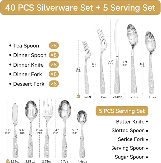 HIKAA Silverware Set, 45-piece Silverware Set with Serving Utensils Set, for Kitchen, Home, Wedding, Party, Mirror Polished and Dishwasher Safe