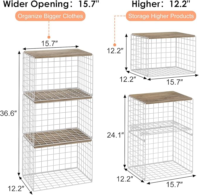 5 Pack Extra-Long Closet Organizers and Storage with Ajustable Shelf, Stackable Closet Shelf Organizer, Double Storage Design Clothes Storage Cube/Bin Organizer for Wardrobe, Space-Saving, White