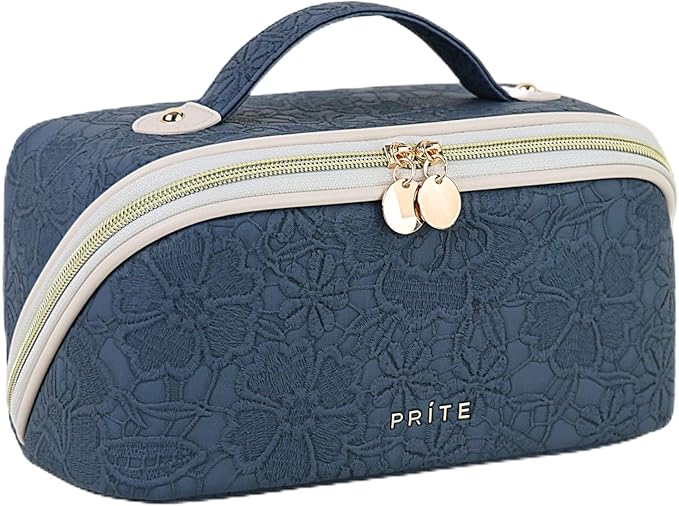 Prite Makeup Bag for Women Travel Waterproof Vegan Leather Cosmetic Bag Open Flat Toiletry Bag With Clear Divider and Handle (Blue Flower, Large)
