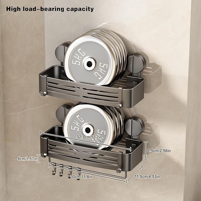 VOLPONE Shower Caddy Suction Shower Shelf No Drilling Shower Organizer Suction Cup Shower Storage Rack Aluminum Wall Mounted Shampoo Holder with Towel Bar Hooks (1-Pack, Matte Gray)