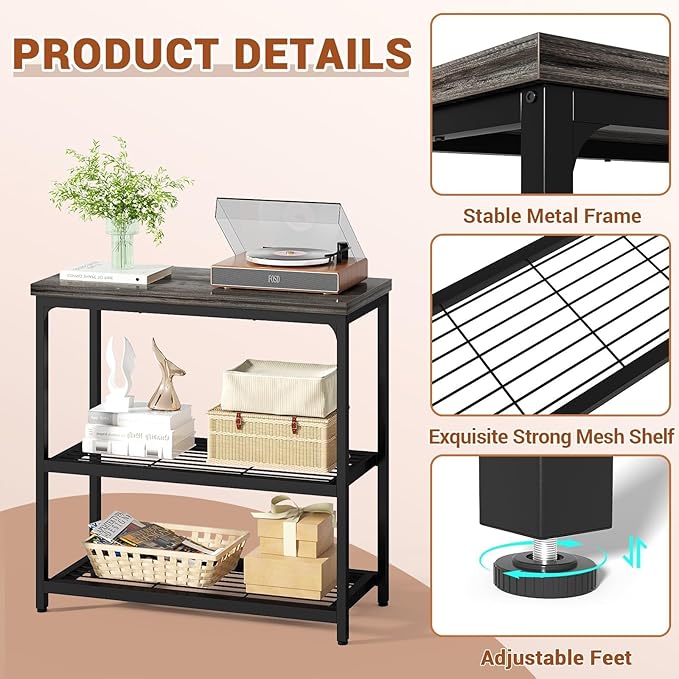 Besiost 32" Small Console Table with 3-Tier Storage, Industrial Narrow Entryway Table, Sofa Table Behind Couch for Hallway, Foyer & Living Room, Sturdy Metal Frame, Oak Grey