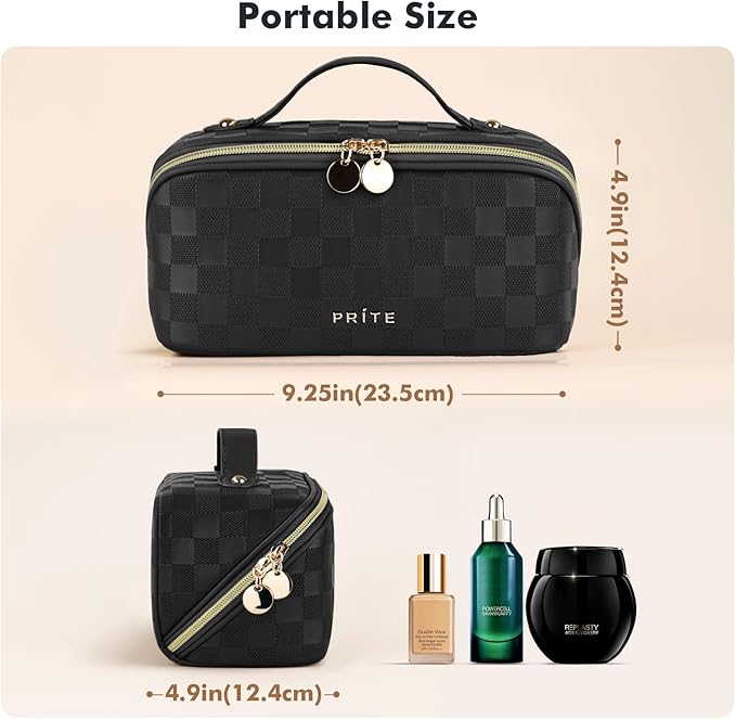 Prite Makeup Bag for Women Travel Waterproof Vegan Leather Cosmetic Bag Open Flat Toiletry Bag With Clear Divider and Handle (Plaid Black, Medium)