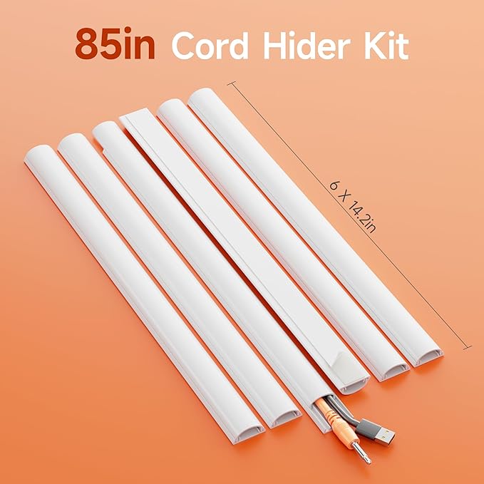 Delamu 85in Adhesive Cord Hider Wall, Mounted TV Cord Cover Kit, Multiple Cable Raceways for Wall Corner, Wire Cover Hiders for 1-2 Cables, 1.18" W X 0.43" H, White