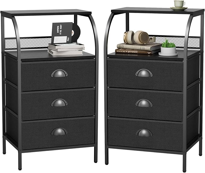 Night Stand Set 2, Nightstand with 3 Fabric Drawers and 2-Tier Shelf, Small Dresser Organizer, Bedside Table with Storage, End Table for Bedroom, Steel Frame, Wood Top, Black
