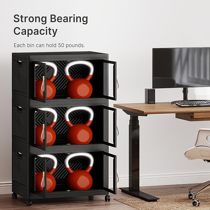 UAMFURI Stackable Storage Bins with Lids, Clear Doors, Large Storage Cabinet Foldable Collapsible Closet Organizers for Bedroom Dorm Office (3, Black, 120, Quarts)