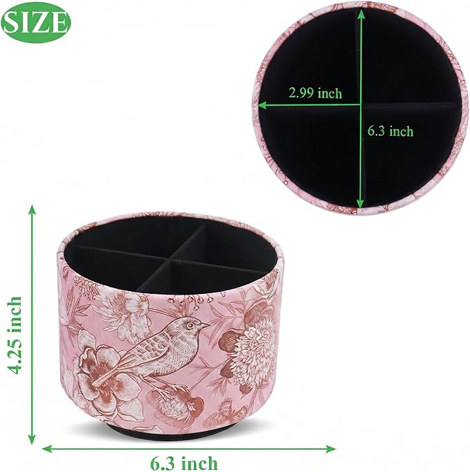 Round Leather Art Supply Organizer,Remote Control Holder,360 Degree Spinning,Multi-Functional Pencil Holder,4 Compartments Desktop Stationary Organizer(1-Pink Bird)