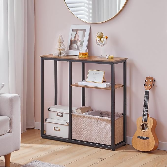 HOOBRO Narrow Console Table with Storage Basket, 29.5" Small Entryway Table with 3-Tier Storage Shelves, Behind Couch Sofa Table, Hallway Table for Living Room, Rustic Brown, Black and Beige BF60XG01