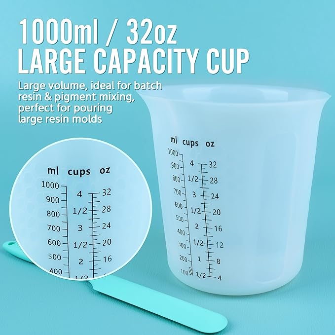 Silicone Resin Mixing 1L Measuring Cup Set for Resin Supplies, Easy-to-Read Marks, 1000ml/32oz Large Cup, Thickened Reusable Silicone Cups for Epoxy Mixing, Jewelry Making