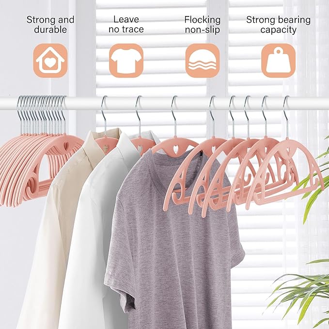 Velvet Hangers 30 Pack: Felt Clothes Hangers Heavy Duty Shirt Sweater Pink Hangers No Shoulder Bump Non Slip Coat Hangers for Closet