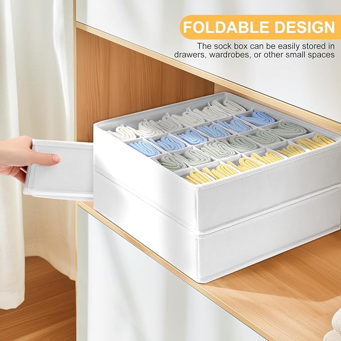 joyoldelf Sock Drawer Organizer Divider Underwear Organizer 24-cell Fabric Dresser Drawer Organizers Storage Boxes for Socks Lingerie, Handkerchiefs, Ties 4 Pack (White)