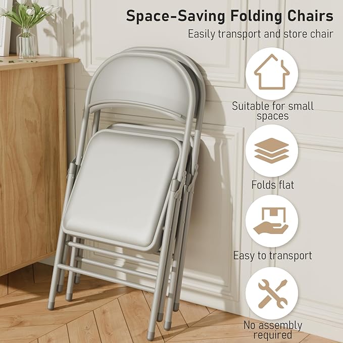 24 Pack Gray Folding Chairs with Padded Cushion and Back for Outside Portable Stackable Commercial Foldable Chairs with Steel Frame for Events Office Wedding Party, 350lbs Capacity