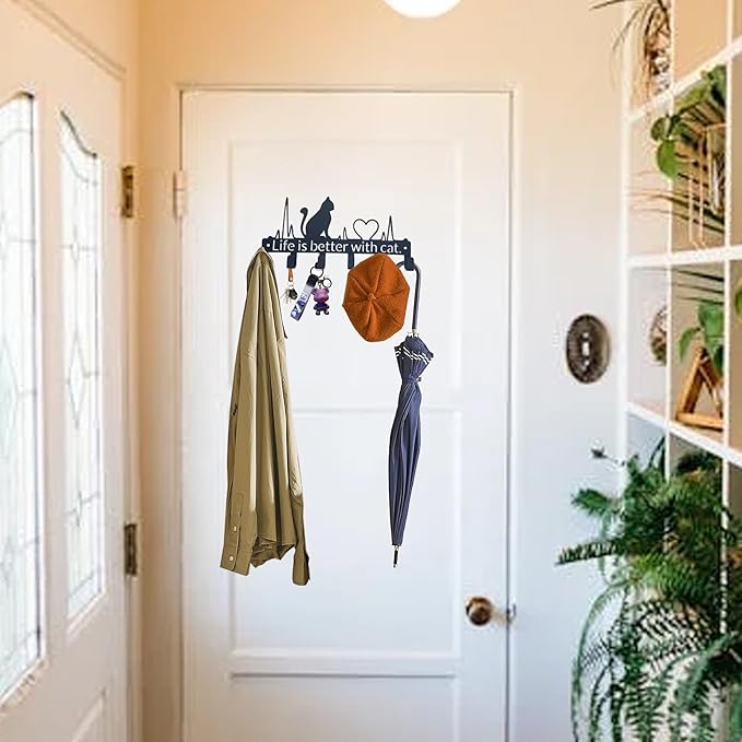 Key Holder Wall Mount with 6 Hooks, Cute Cat Key Rack Organizer for Entryway, Kitchen, Office - Rustproof, Waterproof - Easy Installation,Gift for New Homeowners - 9.8inch/25cm