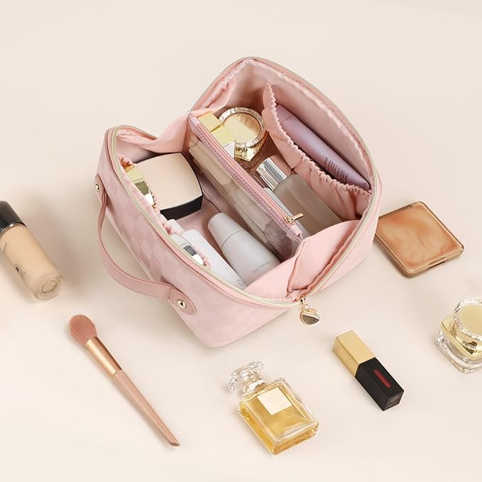 Prite Makeup Bag for Women Travel Waterproof Vegan Leather Cosmetic Bag Open Flat Toiletry Bag With Clear Divider and Handle (Plaid Pink, Medium)