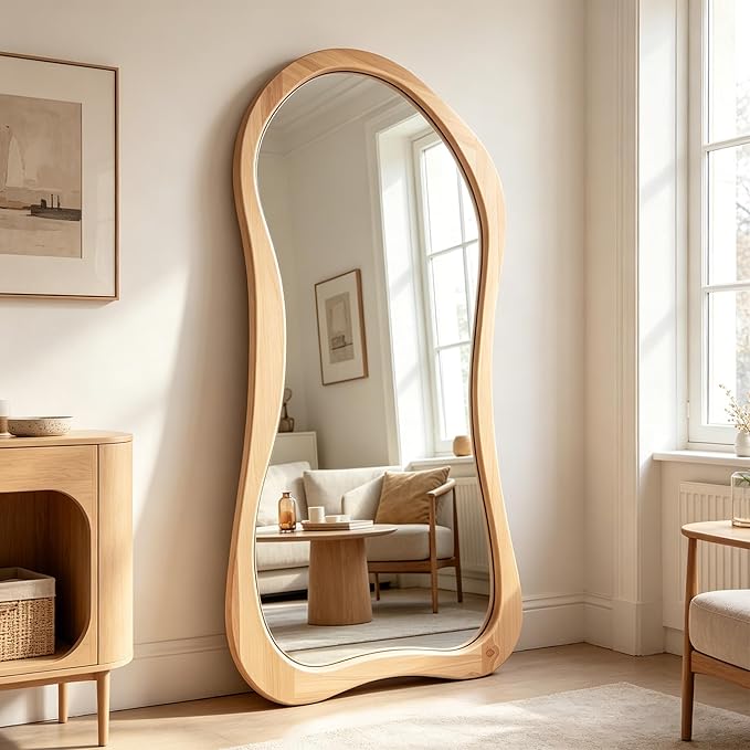 Large Irregular Mirror, 67"x31.5" Asymmetrical Full Length Mirrors with Solid Wood Frame, Organic Aesthetic Floor Mirror for Living Room Entryway Hallway Cloakroom, Leaning/Hanging