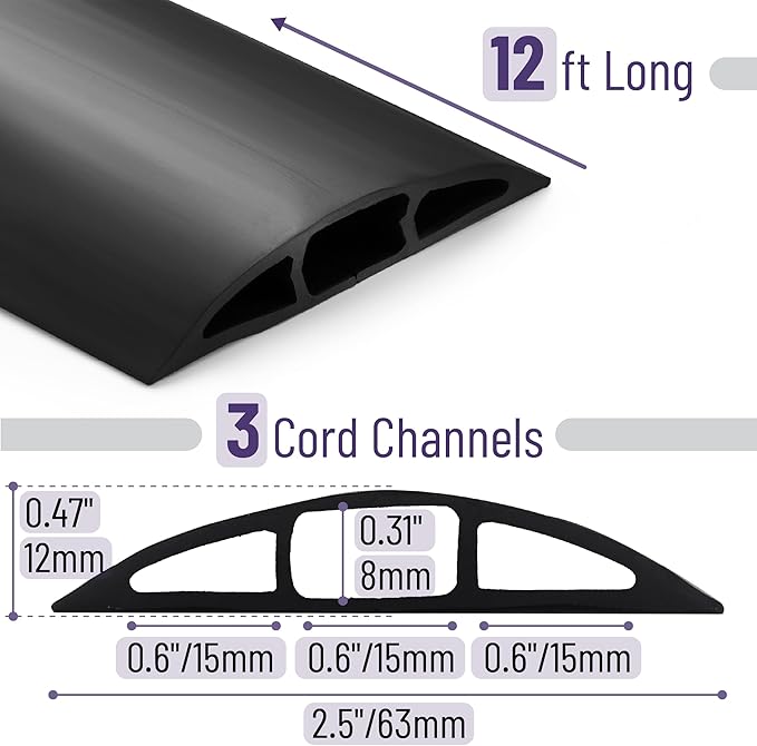 Bates- Floor Cord Cover, 12ft, Cable Cavity 0.6" (W) x 0.31" (H), Heavy Duty Wire Protector, PVC Extension Cords Hider, Protect Cords, Prevent Cable Trips, Cord Hider for Office, Home, Outdoor
