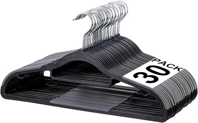 NCXTKJ 30 Pack Non-Slip Clothes Hangers with Tie Rack, Thin Space-Saving Coat Hangers – Heavy Duty Plastic Clothes Hangers for Suit, Shirts, Pants, Dorms & Home Organization, Black and Dark Gray