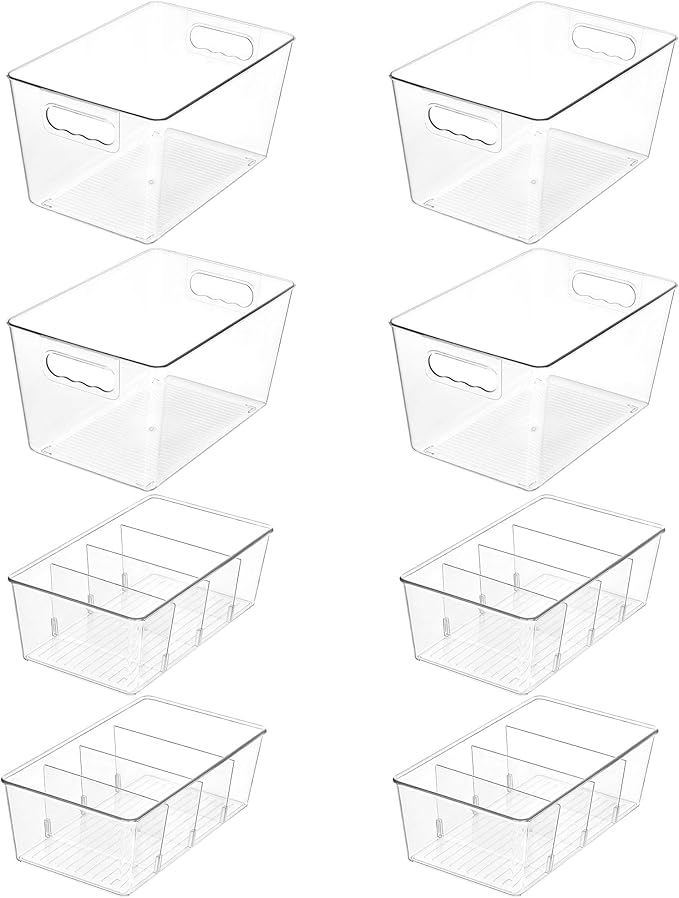 Vtopmart 4+4 Pack Clear Plastic Storage Bins Set, 4 Large Pantry Organizer Bins with Handle and 4 Medium 4-Compartment Food Storage Bins for Pantry, Kitchen, Fridge, Cabinet Organization