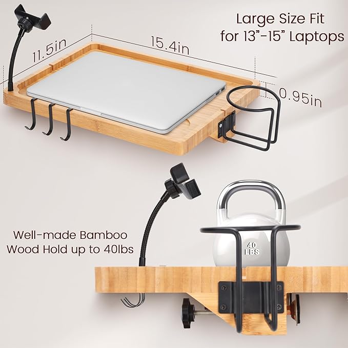 Bedside Shelf for Dorm Bed & Top Bunk, Bamboo Bed Side Table Tray with Cup Phone Holder & Hooks, Bedside Caddy, Clip on Nightstand Bedside Storage College Dorm Room Essentials (Bamboo-1)