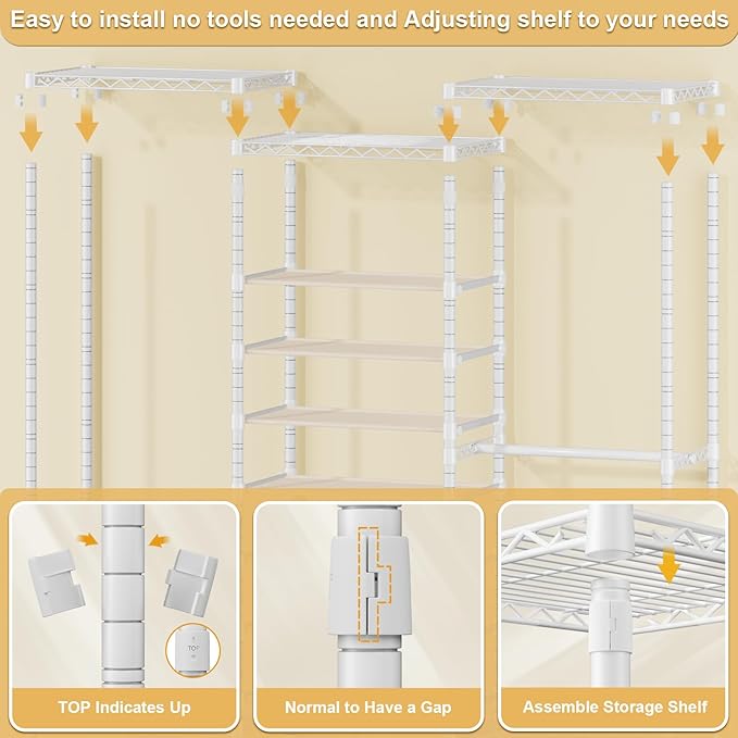 ULIFHOME E16 Heavy Duty Clothing Rack（With 7-Tier Adjustable Shoe Rack） Freestanding Clothes Rack for Hanging Clothes，Metal Closet Storage Organizer Large Wardrobe，69'' W x 15.8'' D x 76.2'' H，White
