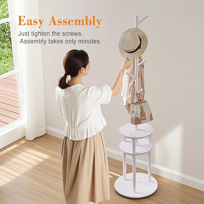 VECELO Coat Rack Freestanding, Entryway Hanger Stand, Umbrella Holder, Hall Tree With Hooks, Floor Standing Metal Tree Stand,White