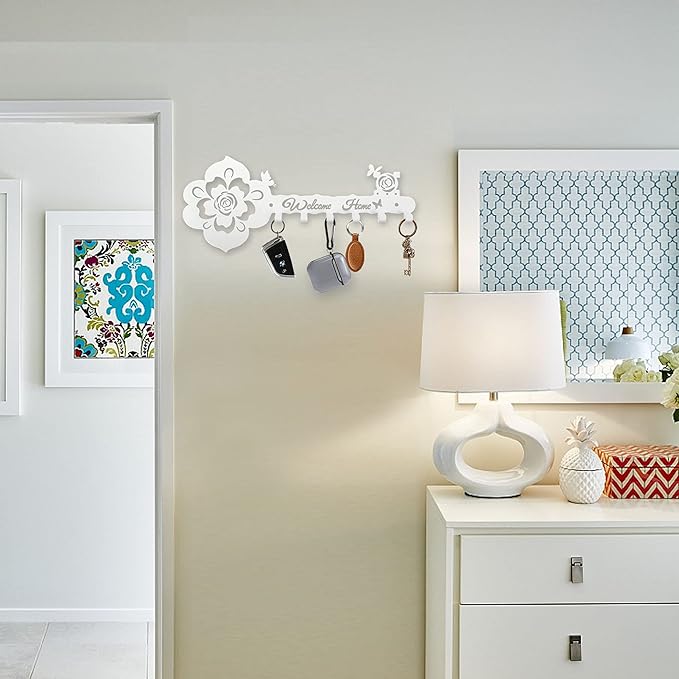 Deveosa Key Hooks Holder for Wall Decorative - Small White Entryway Welcome Home Sign Key Hanging Hangers Wall Mounted Racks