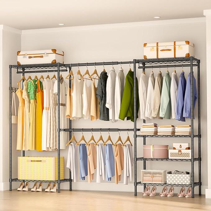 Heavy Duty Garment Rack, Portable Expandable Freestanding 4 Tiers Adjustable Wire Shelves Clothes Rack with 2 Retractable Poles, 70.9-86.6" L x 15.7" W x 76.8" H, Max Load 900LBS, Black