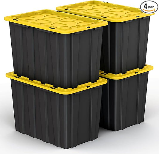 4 PACK X-Large Black & Yellow Storage Bins | Plastic Tote Organizing Container with Secure Latching Lids, Stackable, Extra Strength with Built in Handle | Black and Yellow Bins | 24.5" x 16.5" x 16.6"