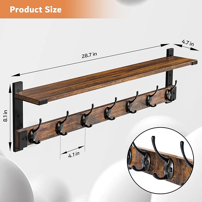 Oraich Wall Hooks with Shelf, 28.7 Inch Coat Rack Wall Mount with Hook for Coat Backpack Key Clothes Hanger, Wall Floating Shelf Hanging in Entryway, Living Room, Bathroom, Bedroom, Kitchen