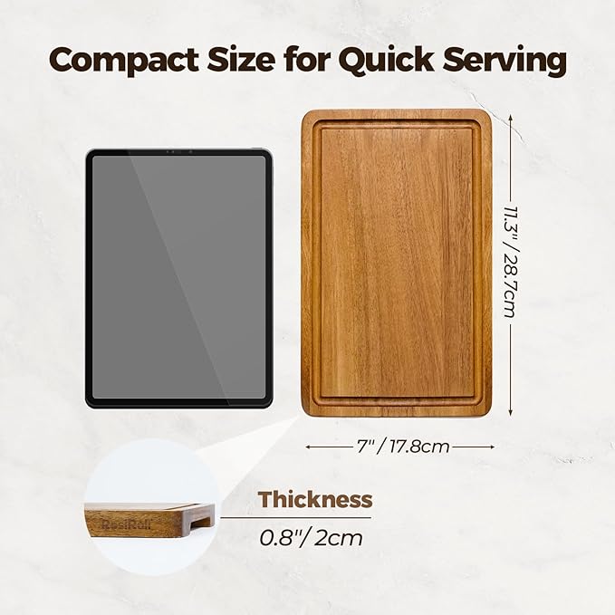 Small Acacia Wood Cutting Board for Kitchen - 11.5"x7" Compact Tablet-Sized Chopping Board, Mini Charcuterie, Steak & Brunch Serving Tray with Juice Grooves & Handles, Gift for Mom & Women