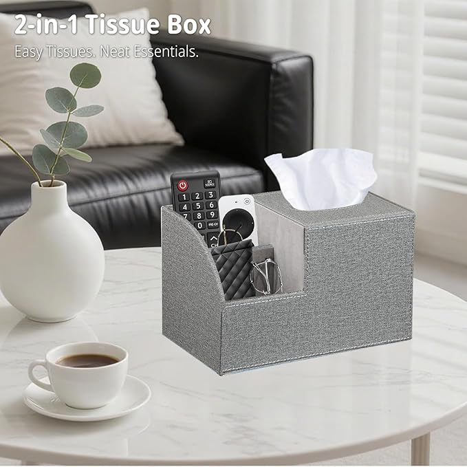 Square Tissue Box Cover with Storage, PU Leather Cube Tissue Box Holder, Remote Control Nightstand Organizer, Modern Desk Caddy for End Table, Bathroom, Bedroom, Home, Office Decor(Grey)