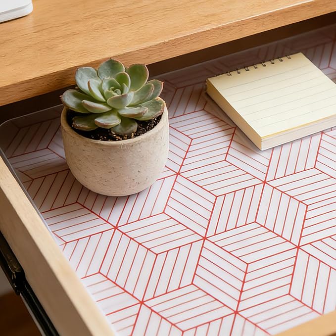 Red Geometric Pattern Shelf Liner, Non-Adhesive Non-Slip Thickened Drawer Liner, Easy to Clean Contact Paper for Kitchen Cabinets, Tool Box, Refrigerator, Includes Knife & Tape .12×236.22inches.