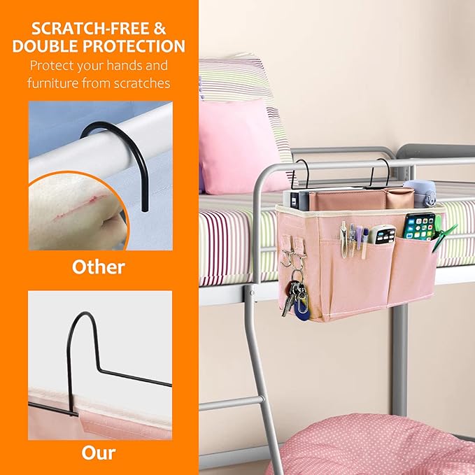 Surblue Bedside Caddy Bedside Storage Bag Hanging Organizer for Bunk, Hospital Beds, Dorm Rooms Bed Rails Camp 4 Pockets and 2 Hooks (Pink)