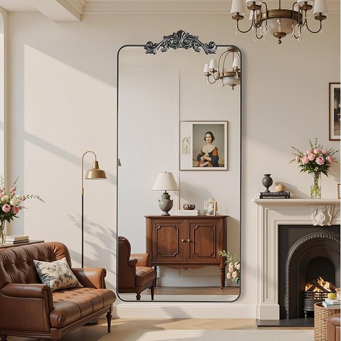 Vintage Full Length Mirror, 76"x34" Floor Mirror with Carved, Full Body Mirrors for Home Decor, Standing/Hanging Large Wall Mirrors for Bedroom/Living Room/Entryway, Black, Retro Style