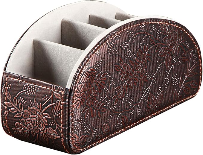Leather Remote Control Holder,Universal TV Remote Organizer with 5 Compartments,Desktop or Bedside Table Organizer for DVD,Blu-Ray,Gaming and Streaming Remotes,Glasses and Accessories(Antique)