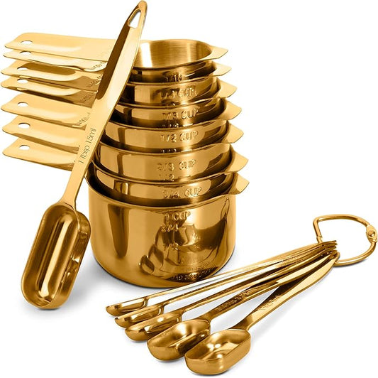 13‑Piece Stainless Steel Measuring Cups and Spoons Se18/8 Professional Grade, Engraved US & Metric Measurements for Dry and Wet Ingredients, Durable Kitchen Set for Baking and Cooking, Gold