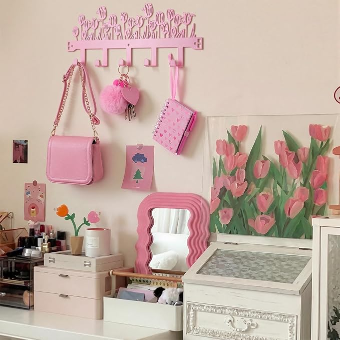 AceOrbit Pink Tulip Over The Door Hooks Wall Mount Towel Hanger Cute Door Holder Rack with 5 Hooks Hanging Towel, Coat Keys, Bags, Hats, Clothes for Bedroom Bathroom Kitchen Dorm Room Organizer