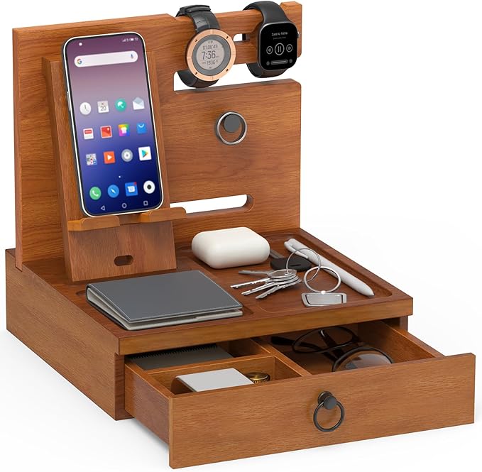 upcessory Nightstand Organizer, Wood Bedside Organizer Docking Station, Gifts for Men, Nightstand Drawer Organizer for Cellphone, Watch, Sunglasses & Accessorie