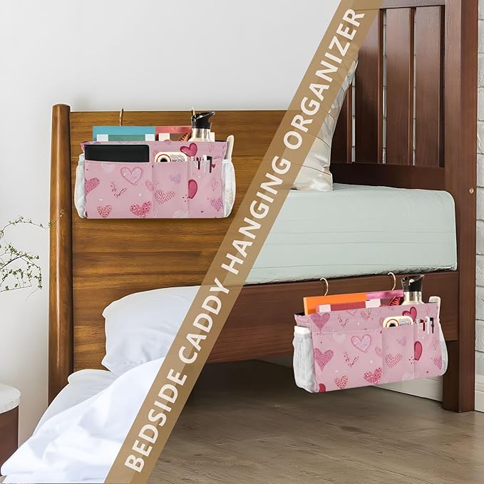 Bedside Caddy Hanging Bunk Bed Caddy Bed Organizer Hanging Pocket with 2 Hooks Bedside Storage Organizer Pocket Bag Holder Heart Pink
