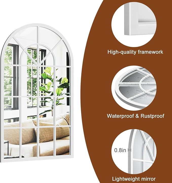Arch Wall Mirror Mounted Decorative, 30"x42", Arched Window Pane Mirror for Wall-Mounted for Entryway, Bathroom Vanity, Living Room or Bedroom, Iron Frame, White