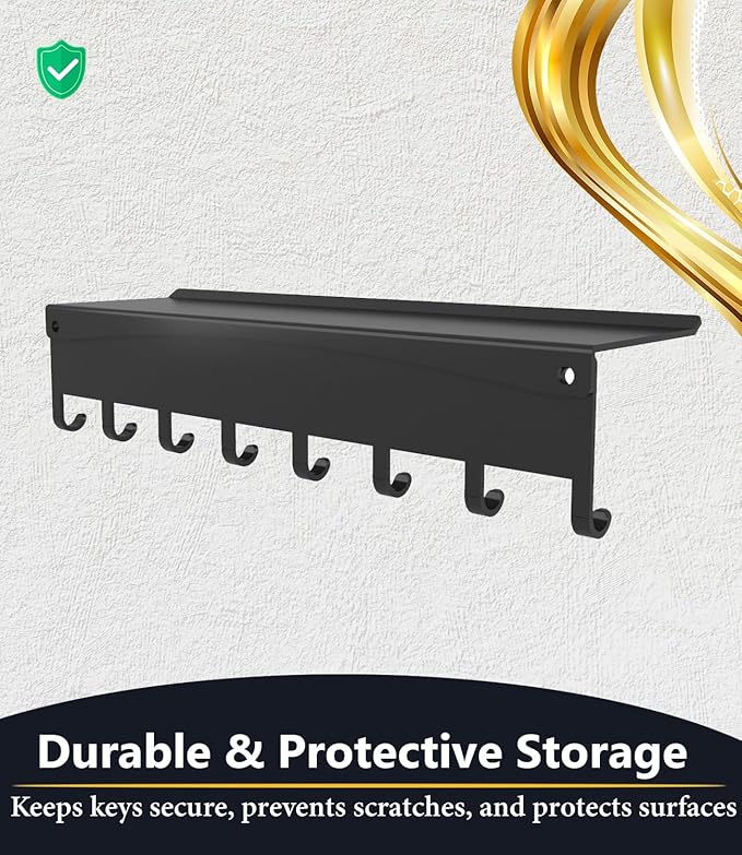 Key Holder Hooks Organizer Hanger Rack Wall Mounted Sweet Home Metal Decor Stylish and Practical for Entryway Front Door Kitchen Hallway Garage Mudroom Office Hardward Included Black (Key hook shelf)